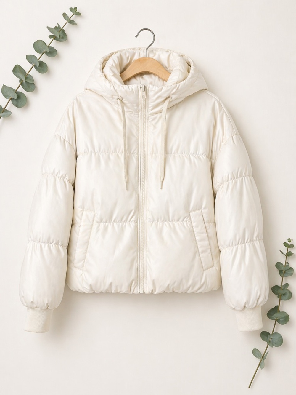 H&M Cream Cropped Puffer Jacket Hooded Zip Up Winter Coat Women S